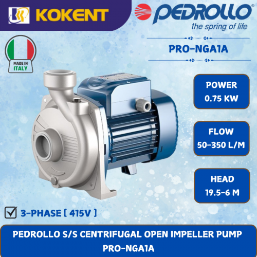 PEDROLLO S/S CENTRIFUGAL OPEN IMPELLER PUMP [0.75KW.50-350L/MIN.19.5-6M/HEAD]  PRO-NGA1A