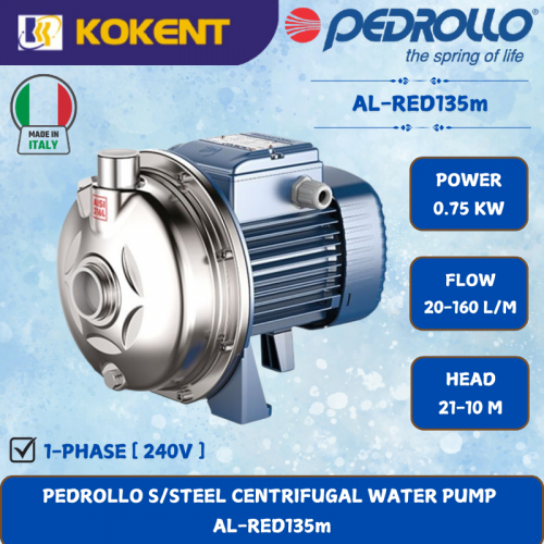 PEDROLLO S/STEEL CENTRIFUGAL WATER PUMP [0.75KW.20-160L/MIN.21-10M/HEAD]  AL-RED135m