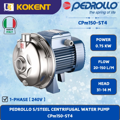 PEDROLLO S/STEEL CENTRIFUGAL WATER PUMP [0.75KW.20-150L/MIN.31-14M/HEAD] CPm150-ST4