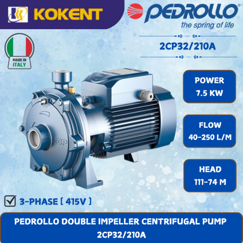PEDROLLO DOUBLE IMPELLER CENTRIFUGAL PUMP [7.5KW.40-250L/MIN.111-74M/HEAD] 2CP32/210A