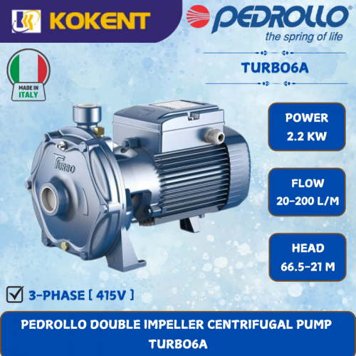 PEDROLLO DOUBLE IMPELLER CENTRIFUGAL PUMP  [2.2KW.20-200L/MIN.66.5-21M/HEAD] TURBO6A