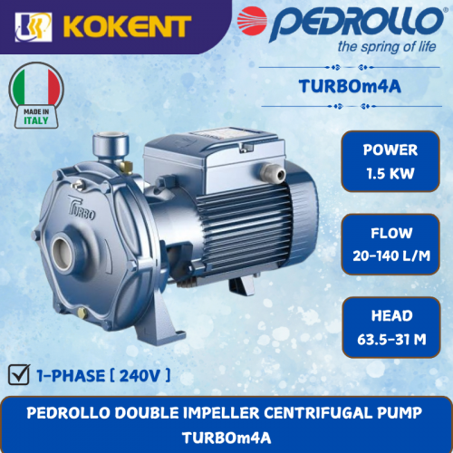 PEDROLLO DOUBLE IMPELLER CENTRIFUGAL PUMP  [1.5KW.20-140L/MIN.63.5-31M/HEAD] TURBOm4A