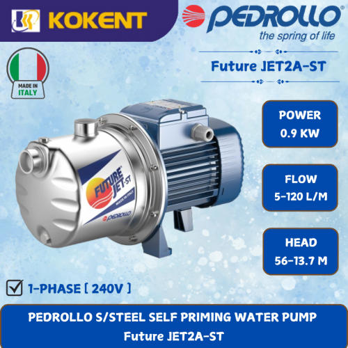 PEDROLLO S/STEEL SELF PRIMING WATER PUMP [0.9KW.5-120L/MIN.56-13.7M/HEAD] Future JET2A-ST