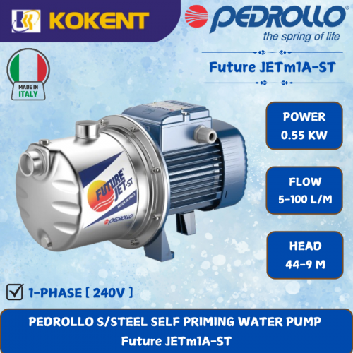 PEDROLLO S/STEEL SELF PRIMING WATER PUMP [0.55KW.5-100L/MIN.44-9M/HEAD] Future JETm1A-ST