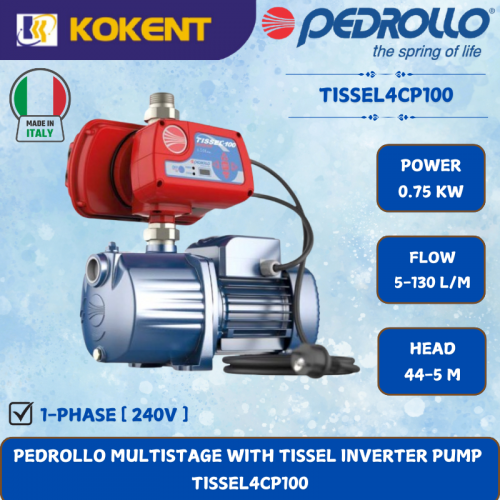 PEDROLLO MULTISTAGE WITH TISSEL INVERTER PUMP [0.75KW.5-130L/MIN.44-5M/HEAD] TISSEL4CP100