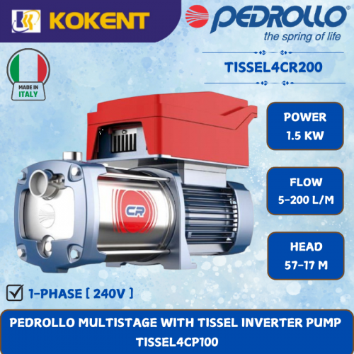 PEDROLLO MULTISTAGE WITH TISSEL INVERTER PUMP [1.5KW.5-200L/MIN.57-17M/HEAD] TISSEL4CP100
