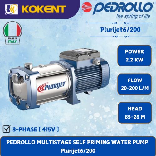PEDROLLO MULTISTAGE SELF PRIMING WATER PUMP [2.2KW.20-200L/MIN.85-26M/HEAD]  Plurijet6/200