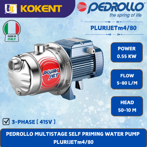PEDROLLO MULTISTAGE SELF PRIMING WATER PUMP [0.55KW.5-80L/MIN.50-10M/HEAD] PLURIJETm4/80
