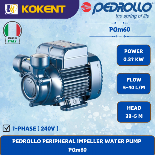 PEDROLLO PERIPHERAL IMPELLER WATER PUMP [0.37KW.5-40L/MIN.38-5M/HEAD] PQm60