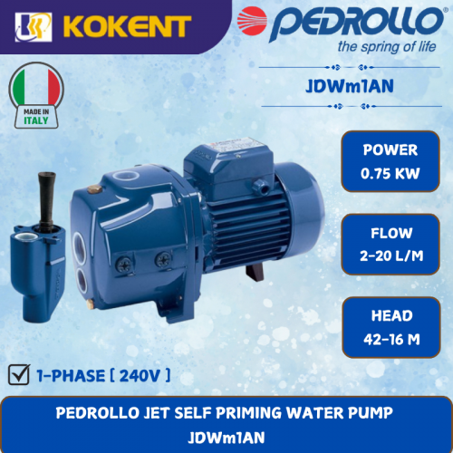 PEDROLLO JET SELF PRIMING WATER PUMP [0.75KW.2-20L/MIN.46-16,/HEAD] JDWm1AN