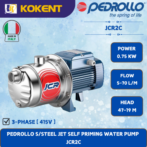 PEDROLLO S/STEEL JET SELF PRIMING WATER PUMP [0.75KW.5-70L/MIN.47-19M/HEAD] JCR2C