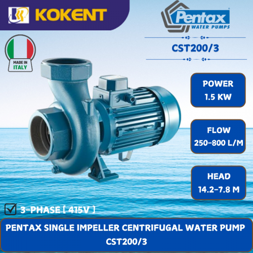 PENTAX SINGLE IMPELLER CENTRIFUGAL WATER PUMP [1.5KW.250-800L/MIN.14.2-7.8M/HEAD] CST200/3