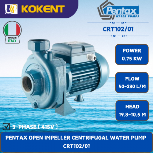 PENTAX OPEN IMPELLER CENTRIFUGAL WATER PUMP [0.75KW.50-280L/MIN.19.8-10.5M/HEAD] CRT102/01