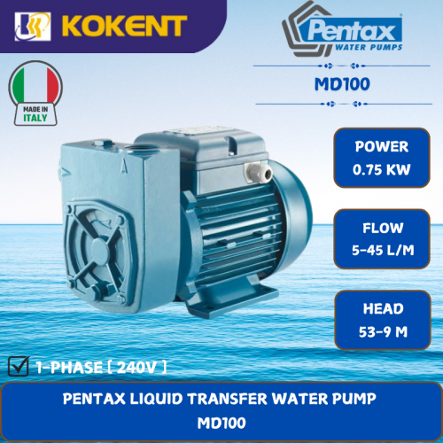 PENTAX LIQUID TRANSFER WATER PUMP [0.75KW.5-45L/MIN.53-9M/HEAD]  MD100