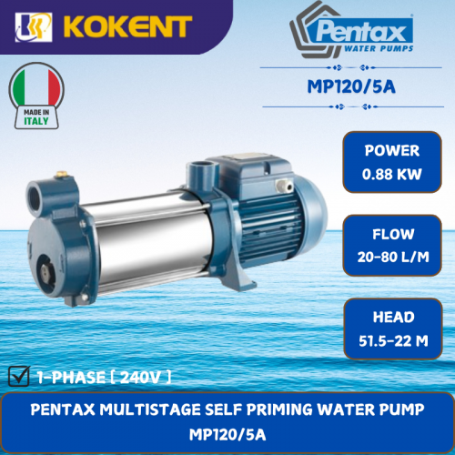 PENTAX MULTISTAGE SELF PRIMING WATER PUMP [0.88KW.20-80L/MIN.51.5-22M/HEAD] MP120/5A