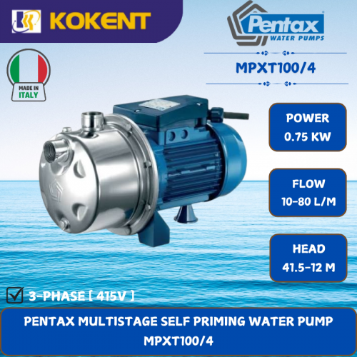 PENTAX MULTISTAGE SELF PRIMING WATER PUMP [0.75KW.10-80L/MIN.41.5-12M/HEAD] MPXT100/4