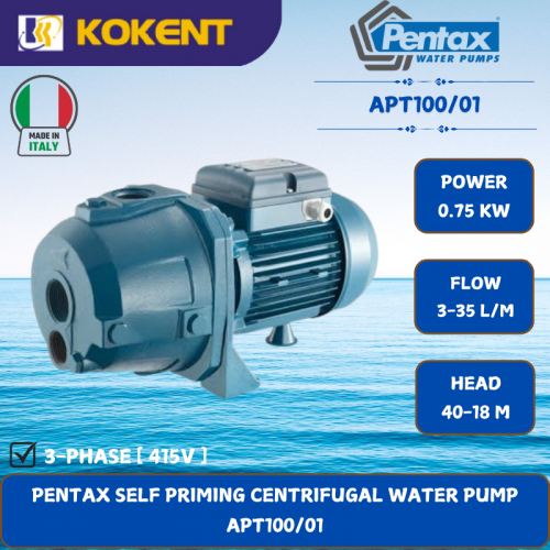 PENTAX SELF PRIMING CENTRIFUGAL WATER PUMP [0.75KW.3-35L/MIN.40-18M/HEAD] APT100/01