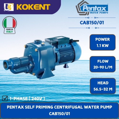 PENTAX SELF PRIMING CENTRIFUGAL WATER PUMP [1.1KW.20-90L/MIN.56.5-32M/HEAD] CAB150/01