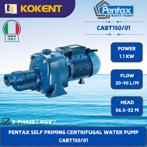 PENTAX SELF PRIMING CENTRIFUGAL WATER PUMP [1.1KW.20-90L/MIN.56.5-32M/HEAD] CABT150/01