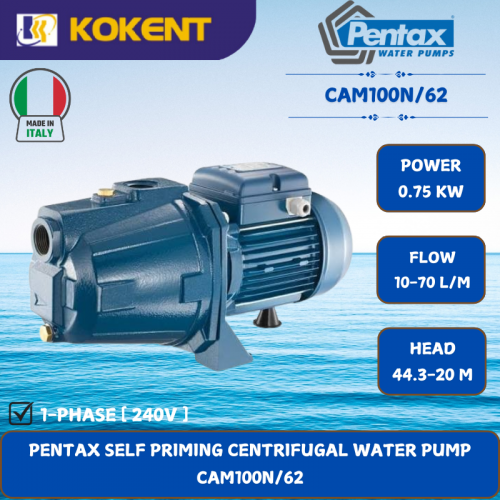 PENTAX SELF PRIMING CENTRIFUGAL WATER PUMP [0.75KW.10-70L/MIN.44.3-20M/HEAD] CAM100N/62