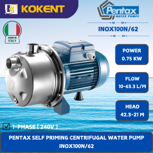 PENTAX SELF PRIMING CENTRIFUGAL WATER PUMP [0.75KW.10-63.3L/MIN.42.3-21M/HEAD] INOX100N/62