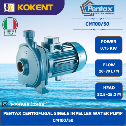 PENTAX CENTRIFUGAL SINGLE IMPELLER WATER PUMP [0.75KW.20-90L/MIN.32.5-25.2M/HEAD] CM100/50
