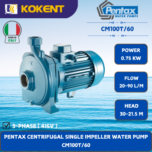 PENTAX CENTRIFUGAL SINGLE IMPELLER WATER PUMP [0.75KW.20-90L/MIN.30-21.5M/HEAD] CM100T/60