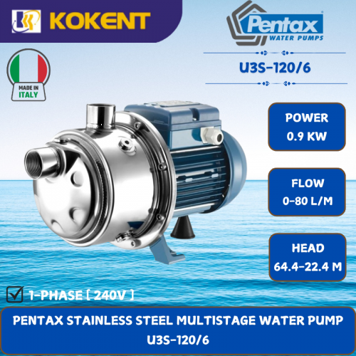 PENTAX STAINLESS STEEL MULTISTAGE WATER PUMP [0.9KW.0-80L/MIN.64.4-22.4M/HEAD] U3S-120/6