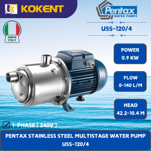 PENTAX STAINLESS STEEL MULTISTAGE WATER PUMP [0.9KW.0.140L/MIN.42.2-10.4L/MIB] U5S-120/4
