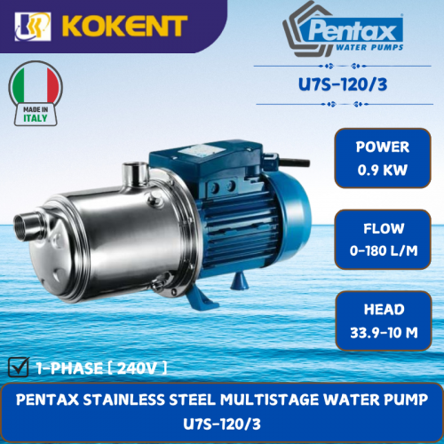 PENTAX STAINLESS STEEL MULTISTAGE WATER PUMP [0.9KW.0-180L/MIN.33.9-10M/HEAD] U7S-120/3