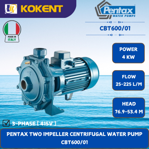 PENTAX TWO IMPELLER CENTRIFUGAL WATER PUMP [4KW.25-225L/MIN.76.9-53.4M/HEAD] CBT600/01