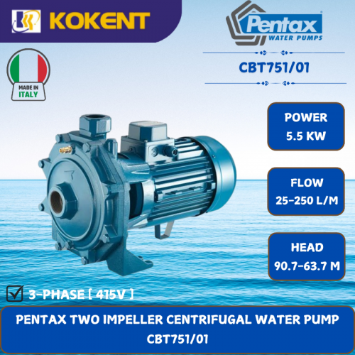 PENTAX TWO IMPELLER CENTRIFUGAL WATER PUMP [5.5KW.25-250L/MIN.90.7-63.7M/HEAD] CBT751/01