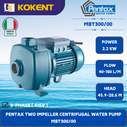 PENTAX TWO IMPELLER CENTRIFUGAL WATER PUMP [2.2KW.40-180L/MIN.45.9-28.6M/HEAD] MBT300/00