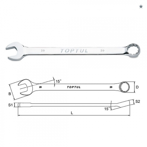 Toptul Long Combination Wrench 15° Offset - METRIC (Mirror Polished)