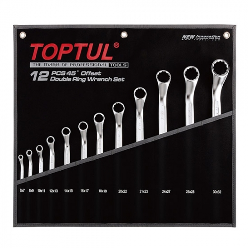 Toptul 45° Offset Double Ring Wrench Set - POUCH BAG - BLACK (Mirror / Satin Chrome Finished)