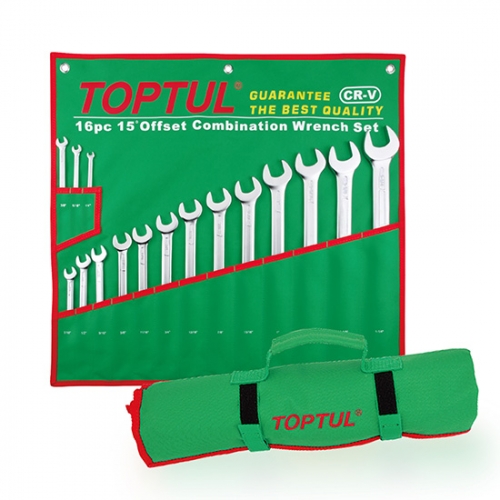 Toptul 15° Offset Long Combination Wrench Set - POUCH BAG - GREEN - SAE(Satin Chrome Finished)