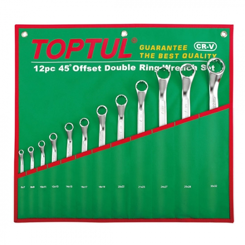 Toptul 45° Offset Double Ring Wrench Set - POUCH BAG - GREEN (Satin Chrome Finished)