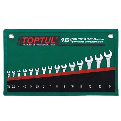 Toptul 15PCS 15° & 75° Double Open End Wrench Set - POUCH BAG - GREEN (Satin Chrome Finished)