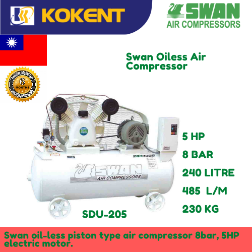 Swan Oil Less Air Compressor 5HP, 8Bar, 485L/min, 230kg SDU-205