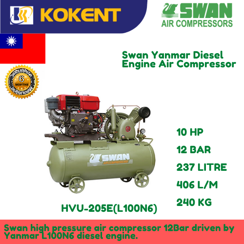 Swan Diesel Engine Air Compressor HVU-205E(L100N6): 10HP, 12Bar, FAD406L/min, 900rpm,