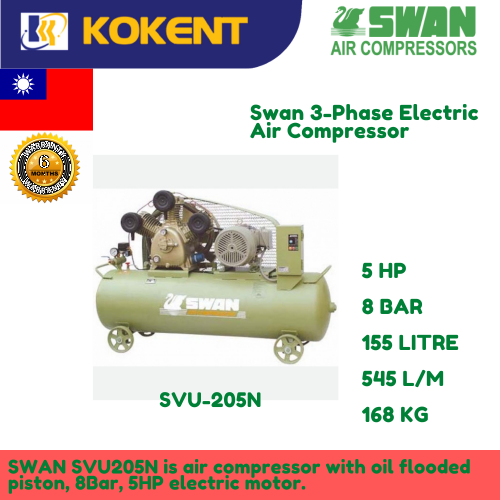 Swan Electric Air Compressor SVU-205N: 5HP, 8Bar, FAD 545L/min, 620rpm, 3phase, 168kg