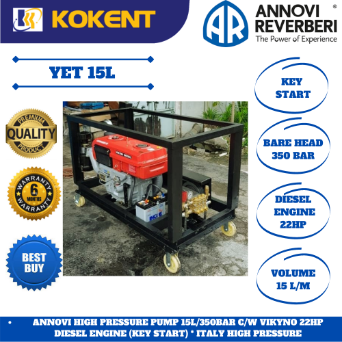 ANNOVI HIGH PRESSURE PUMP 15L/350BAR C/W VIKYNO 22HP DIESEL ENGINE (KEY START) * ITALY HIGH PRESSURE