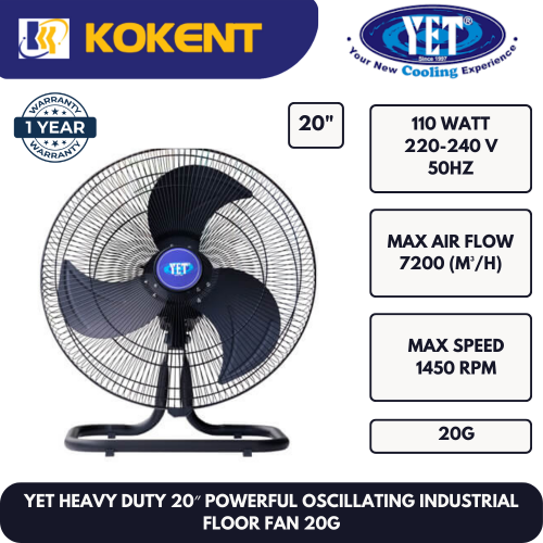 YET HEAVY DUTY 20″ POWERFUL OSCILLATING INDUSTRIAL FLOOR FAN YET20G