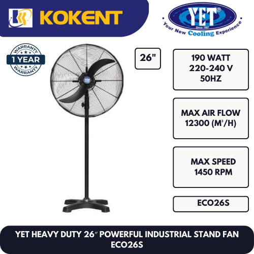 YET HEAVY DUTY 26″ POWERFUL INDUSTRIAL STAND FAN YETECO26S