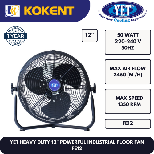 YET HEAVY DUTY 12″ POWERFUL INDUSTRIAL FLOOR FAN YETFE12