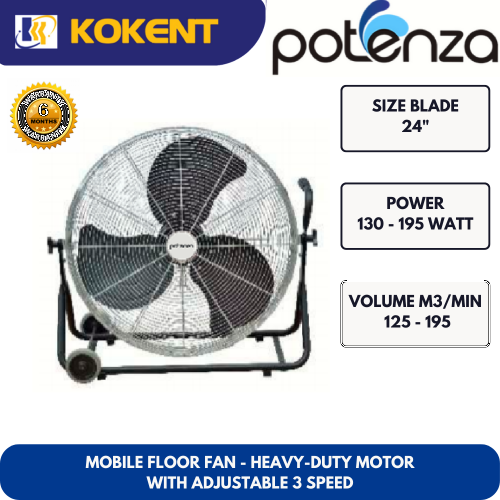 POTENZA MOBILE FLOOR FAN - HEAVY DUTY MOTOR WITH ADJUSTABLE 3 SPEED