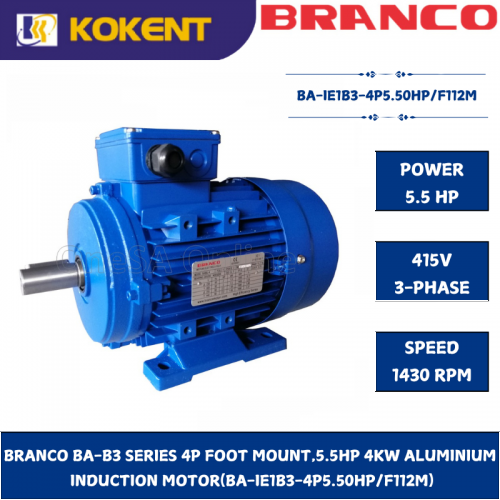 BRANCO BA-B3 SERIES 4P FOOT MOUNT,5.5HP 4KW ALUMINIUM   INDUCTION MOTOR(BA-IE1B3-4P5.50HP/F112M)