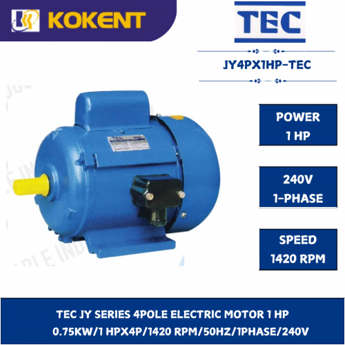 TEC JY SERIES 4POLE ELECTRIC MOTOR 1 HP 0.75KW/1 HPX4P/1420 RPM/50HZ/1PHASE/240V