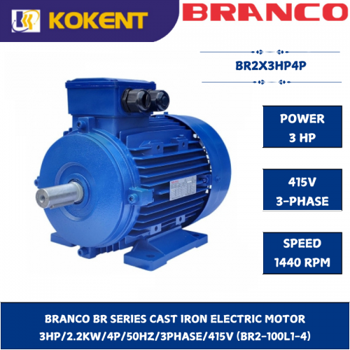 BRANCO BR SERIES CAST IRON ELECTRIC MOTOR  3HP/2.2KW/4P/50HZ/3PHASE/415V (BR2-100L1-4)
